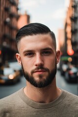 Obraz premium Portrait of a caucasian male 25 years old with a short beard and short black hair slicked to the side