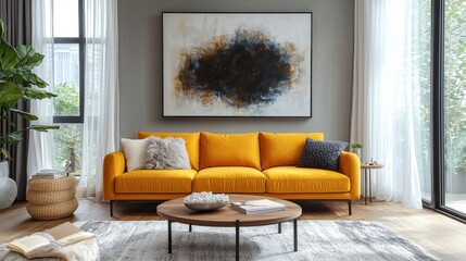 Fototapeta premium Contemporary living room with deep mustard couch and modern abstract art on the wall