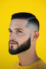 Fototapeta premium Portrait of a caucasian male 25 years old with a short beard and short black hair slicked to the side