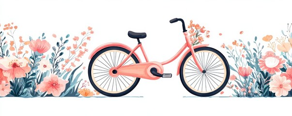 Fototapeta premium Charming pink bicycle surrounded by beautiful floral decorations and hearts for a whimsical garden scene