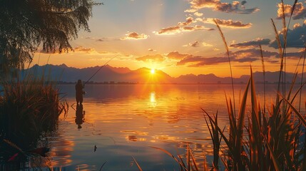 Fishing on the lake at sunset.