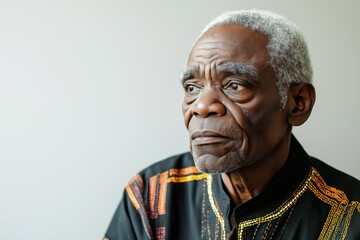 Obraz premium Serious elderly african man in minimalistic upper body shot with soft lighting and neutral backdrop