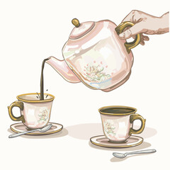 ceramic tea pot hand pouring coffee in two cupps tea time party classical pottery tableware container illustration on white background