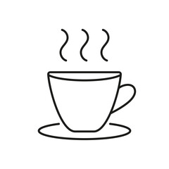 Steaming Cup on Saucer Line Icon. Hot Beverage Coffee or Tea Outline Symbol. Warm Drink with Saucer. Editable Stroke. Isolated Vector Illustration
