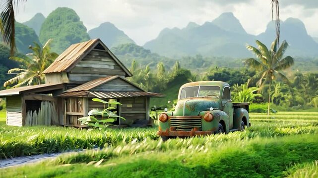 Mini old truck driving on road through rice fields tiny homes on background	