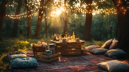 A whimsical birthday picnic with wooden crates, patterned cushions, and floral vintage tableware, set in a forest clearing, fairy lights strung between branches,