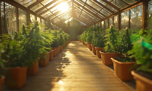 Sunlit greenhouse filled with potted cannabis plants.