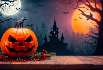 Fototapeta premium Halloween Pumpkin on a Wooden Table with a Haunted House in the Background.