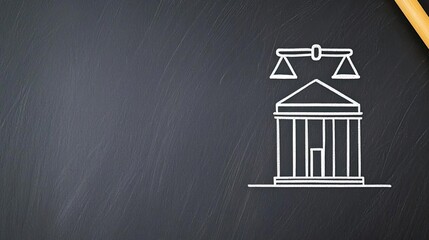 Illustration of a legal building with scales representing justice on a blackboard background.
