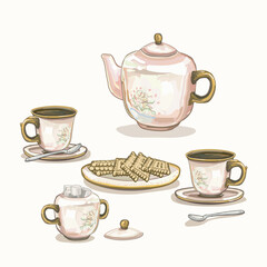 ceramic set coffee in two cups afternoon british tea time party  with biscuits classical pottery tableware container illustration on white background