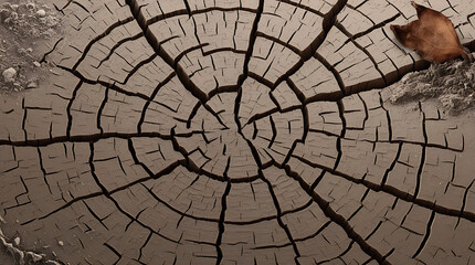 Obraz premium A dried-up wetland, with cracks in the earth and dead aquatic plants, symbolizing the decline of wetlands due to human interference and climate change.