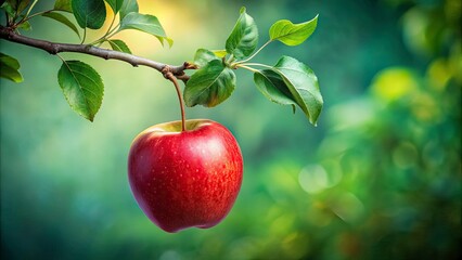 Obraz premium Fresh Red Apple on Branch Isolated Background, Vibrant Fruit Hanging from Tree, Nature's Bounty, Healthy Food Concept, Delicious Snack, Organic