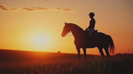 Silhouette of a female equestrian on a horse at sunset, exuding calmness and grace.