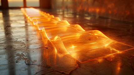 Obraz premium Illuminated pathways of orange light reflecting on polished stone interior at sunset