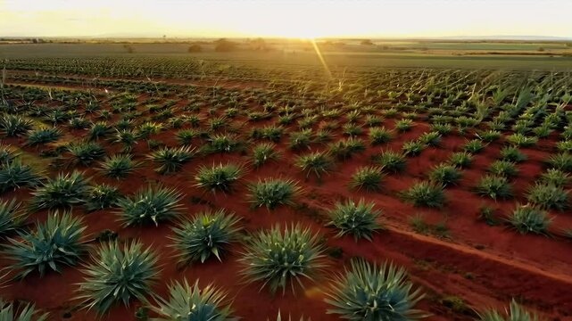 breathtaking aerial view expansive agave fields Jalisco Mexico rows blue ber plants thriving rural characterized red dirt cactuslike flora tequila drone field agriculture