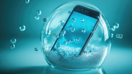 A smartphone submerged in bubbles within a transparent sphere, illuminated in shades of blue.