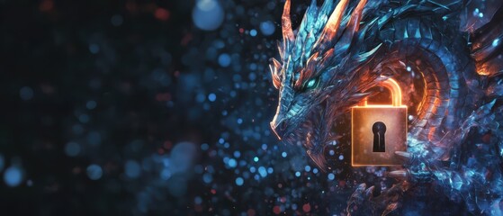 Obraz premium A mystical dragon intertwines with a glowing lock, set against a vibrant cosmic backdrop, symbolizing secrets and magic.