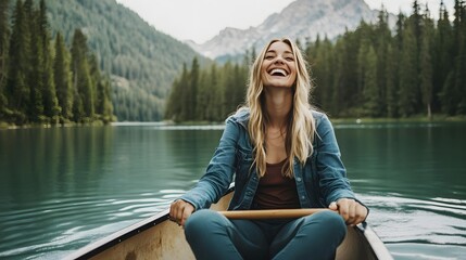 Fototapeta premium Smiling woman paddling her canoe on a lake in summer.
