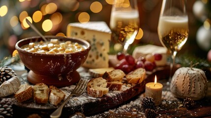 Winter season. Gourmet Swiss fondue dinner on a winter evening with assorted cheeses on a board alongside a heated pot of cheese fondue with two forks dipping bread and white wine