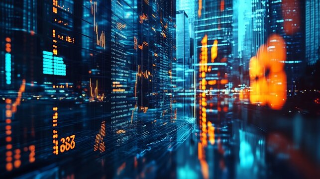 Glowing stock market ticker symbols scrolling acr 