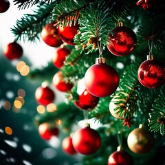 Colorful Christmas decorations adorn the branches of a spruce tree, vibrant balls in shades of red and pink, embodying holiday cheer in winter. Happy New Year art bokeh background. Generative AI