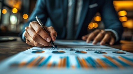 Businessperson Analyzing Financial Data with Close Up of Hands on Desk, Concept of Market Analysis and Strategy Evaluation