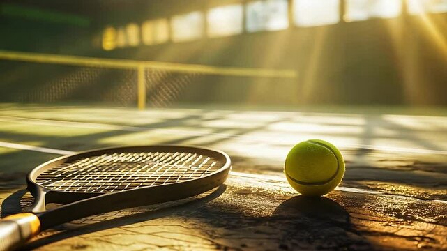 A tennis ball and tennis racket lies on tennis net. Tennis court	