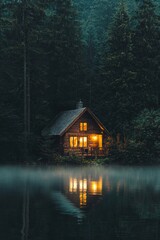Obraz premium A cozy cabin nestled in the heart of an ancient forest, surrounded by towering pines and misty air at night, illuminated only by the warm light coming from its windows. 