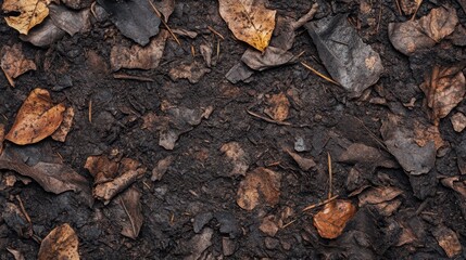 Close up texture of dark soil and dry leaves in autumn forest