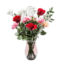 Fototapeta premium a beautiful floral arrangement featuring red roses, pink carnations, and baby's breath in a minimalistic vase. Isolated on transparent background
