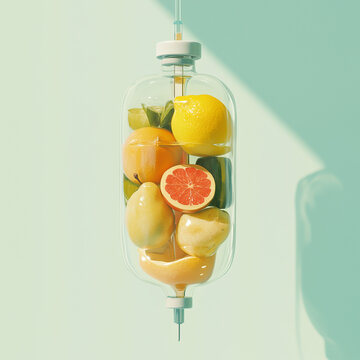 iv bottle bag of slice of kiwi apple and orange and another fruit