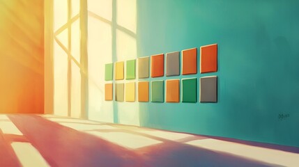 Class Schedule Featuring Neatly Arranged Colorful Blocks, Sunlit Room