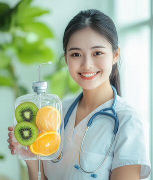 Nurse holding a iv bottle bag of slice of kiwi apple and orange fruit