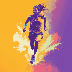 front view pinoy woman run happy graphic style gradient purple and yellow