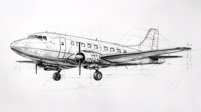 Detailed Black and White Sketch of Airplane Structure with Fine Lines