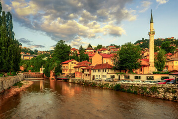 the center of Sarajevo with the river Miljacka and the mine mosque Hadzijska