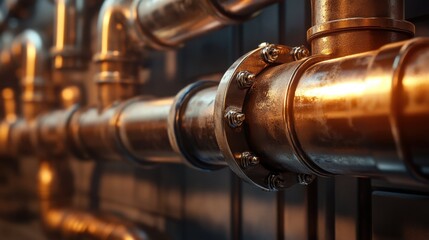 A closeup view of a row of pipes positioned in a factory environment