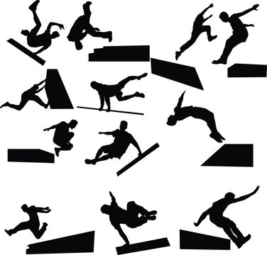 Set of parkour people silhouette illustration. Men jump pose full body.