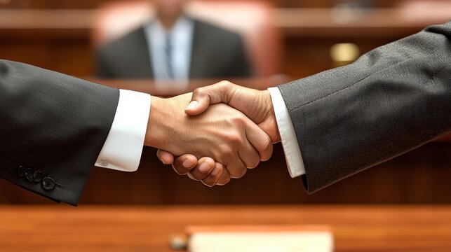 Close-up of a handshake between two male professionals in a formal setting.