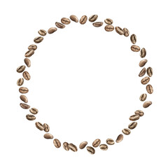 Roasted brown aromatic coffee beans. Watercolor round wreath or frame of beans arranged in a circle on an isolated background. Suitable for decorating coffee shops, restaurants, menus, postcards