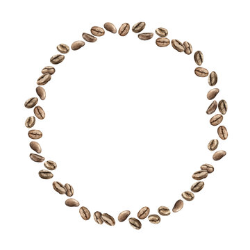 recommend clip art: Roasted brown aromatic coffee beans. Watercolor round wreath or frame of beans arranged in a circle on an isolated background. Suitable for decorating coffee shops, restaurants, menus, postcards