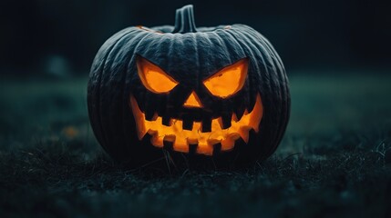A jack-o-lantern radiates an eerie glow with sharp angular features set against a dark and foggy backdrop illuminated by subtle moonlight enhancing the Halloween atmosphere