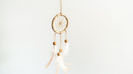 A small handwoven dreamcatcher with delicate feathers and wooden beads, suspended against a white background.
