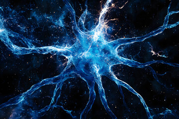 Neuron structure exploding in blue against black background