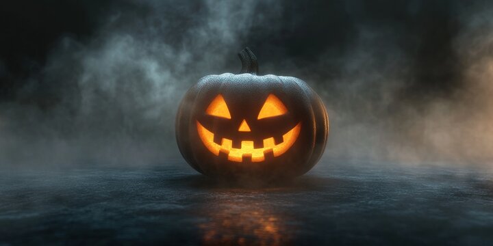A carved pumpkin with a mischievous grin emits a warm light surrounded by a mystical fog that enhances the festive Halloween vibe. The atmosphere evokes a sense of spookiness and fun