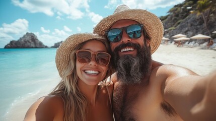Obraz premium A joyful man and a woman are happily taking a selfie on the beach