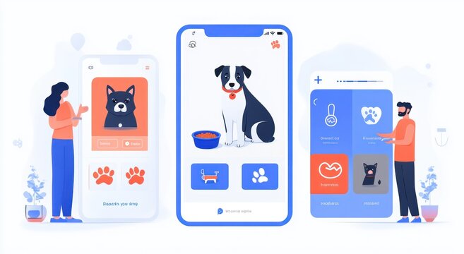 Digital interface showcasing pet adoption and care features with a dog illustration.