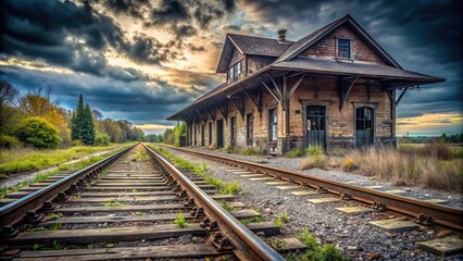Obraz premium ghostly abandoned train depot with decayed tracks and silent trains