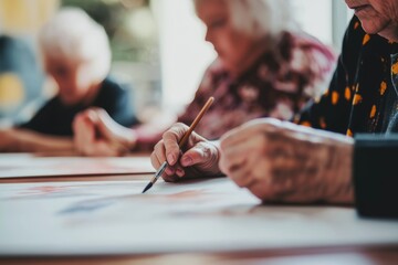 Elderly individuals engaged in painting at a large table in a bright, creative workspace