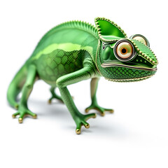 Fototapeta premium Chameleon metallic 3D image of green chameleon on white background. Generative AI